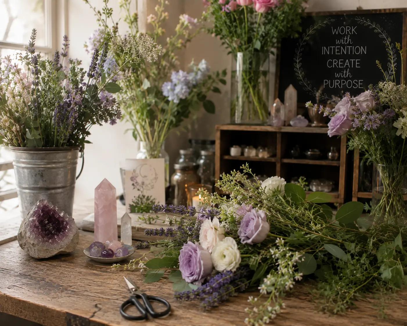 Flowers, healing crystals